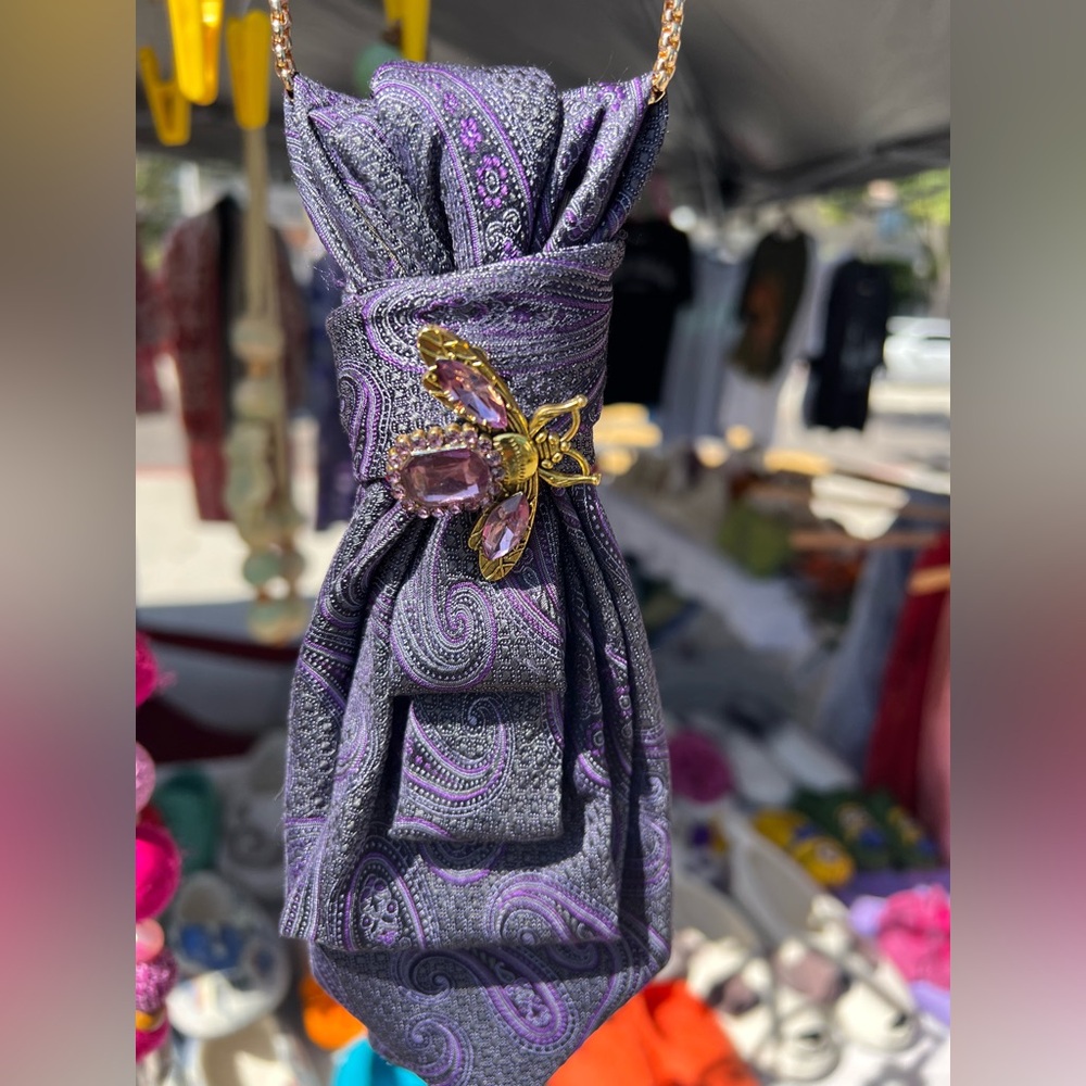 Silk Tie necklace with Bee brooch